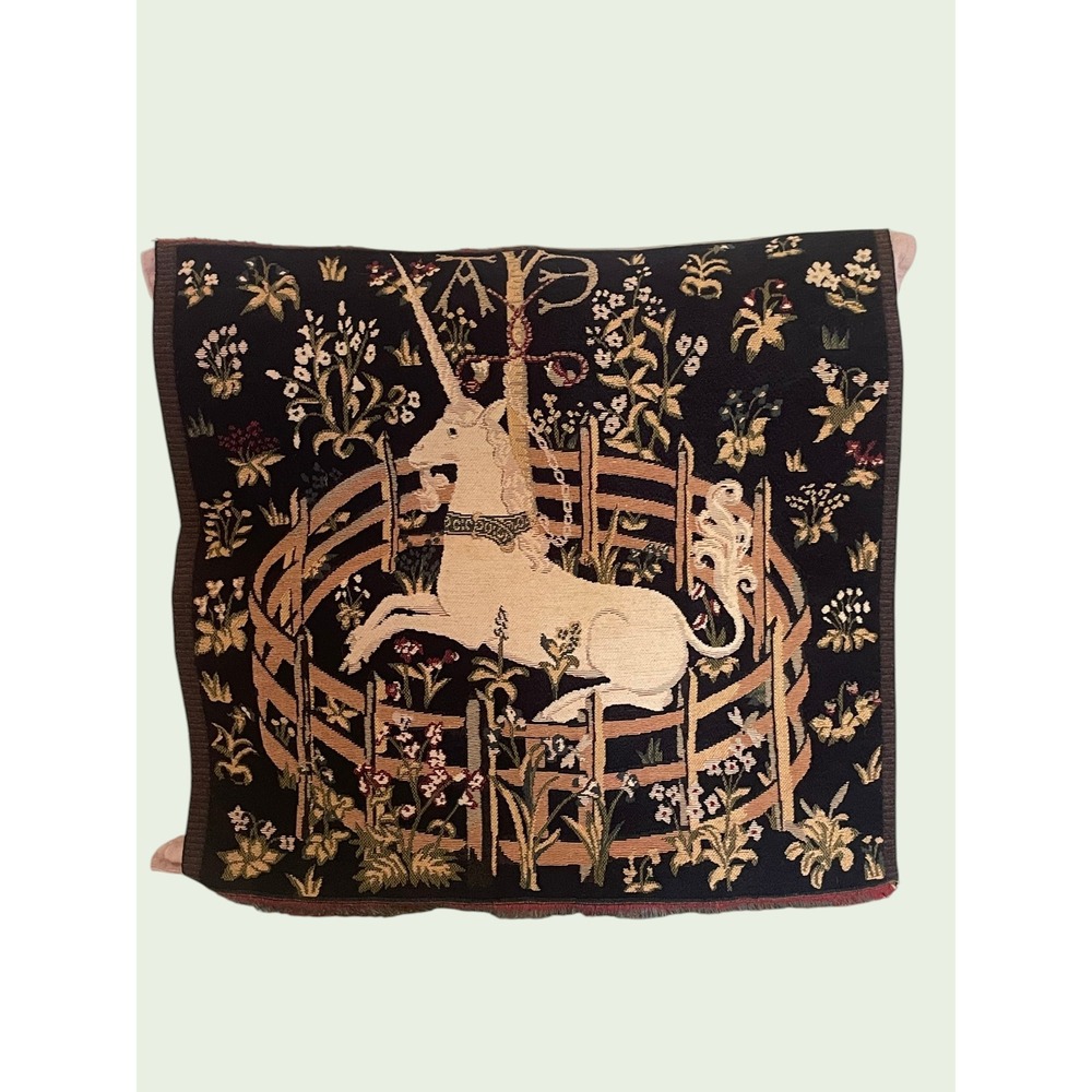 90s VTG French Woven Mini Tapestry Square NY Met Museum Unicorn in Captivity
